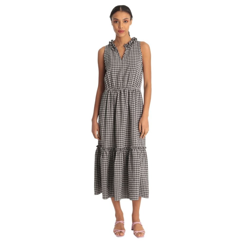 Donna Morgan Midi Dress Size 10 Tiered Dress Plaid Black White Sleeveless New - Picture 3 of 13
